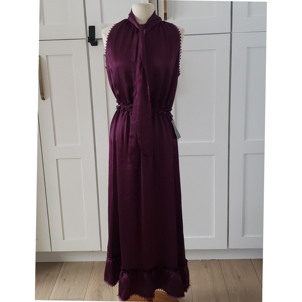 Nordstrom Satin Midi Dress Womens Medium Beet Purple Tie Neck Ruffle Cocktail